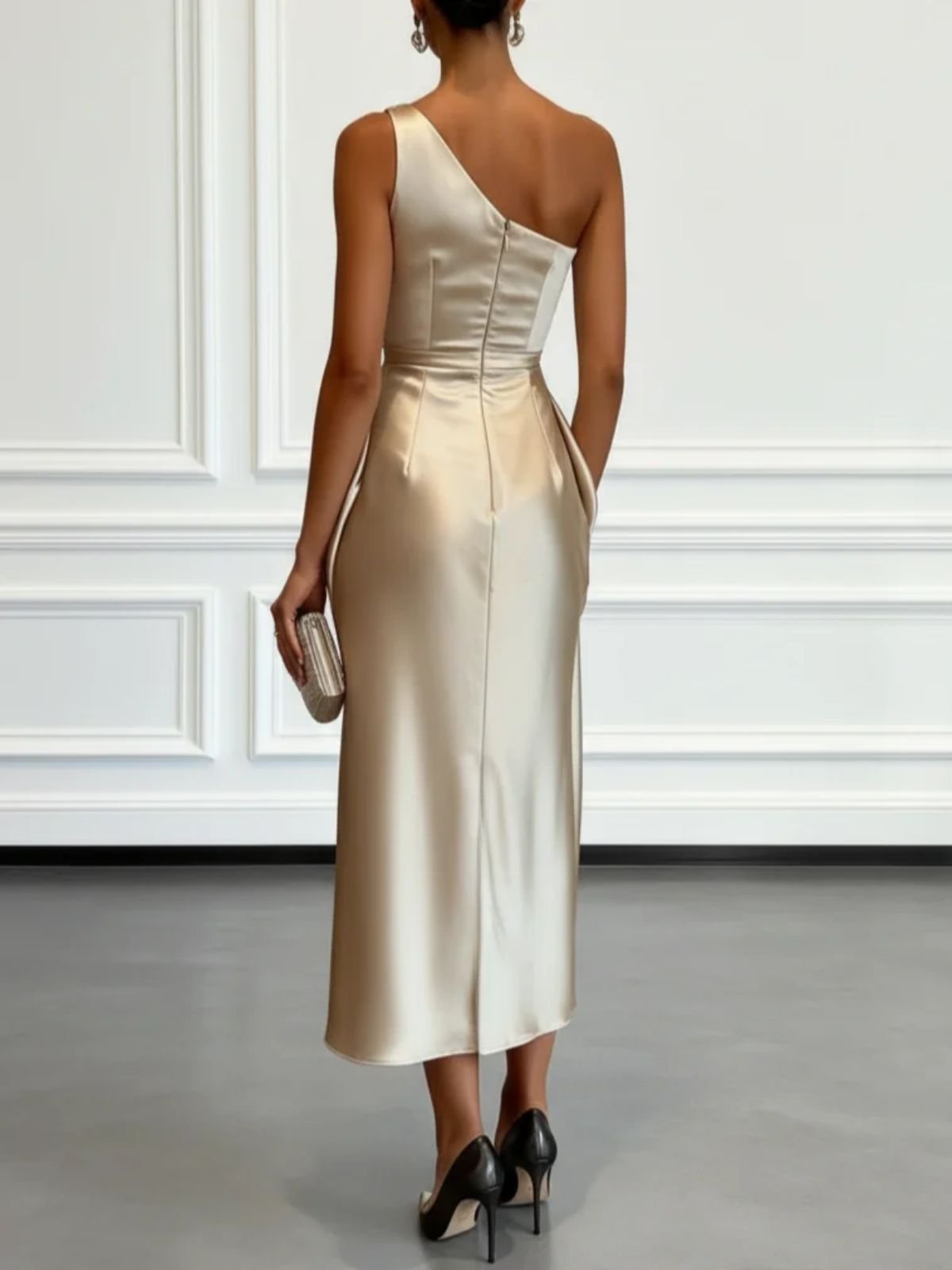 One Shoulder Satin Midi Dress for Special Occasions
