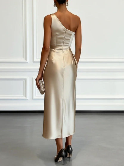 One Shoulder Satin Midi Dress for Special Occasions