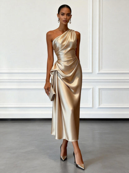 One Shoulder Satin Midi Dress for Special Occasions