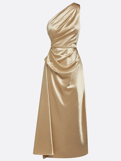 One Shoulder Satin Midi Dress for Special Occasions