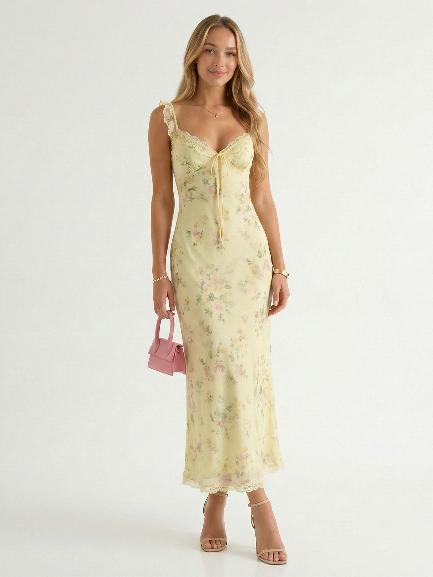 V-Neck Backless Floral Print Midi Beach Dress with Spaghetti Straps