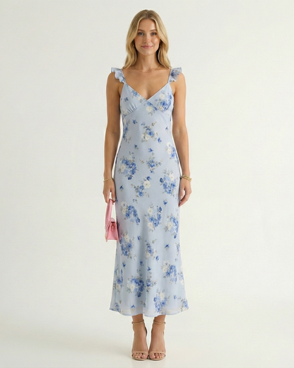 V-Neck Backless Floral Print Midi Beach Dress with Spaghetti Straps