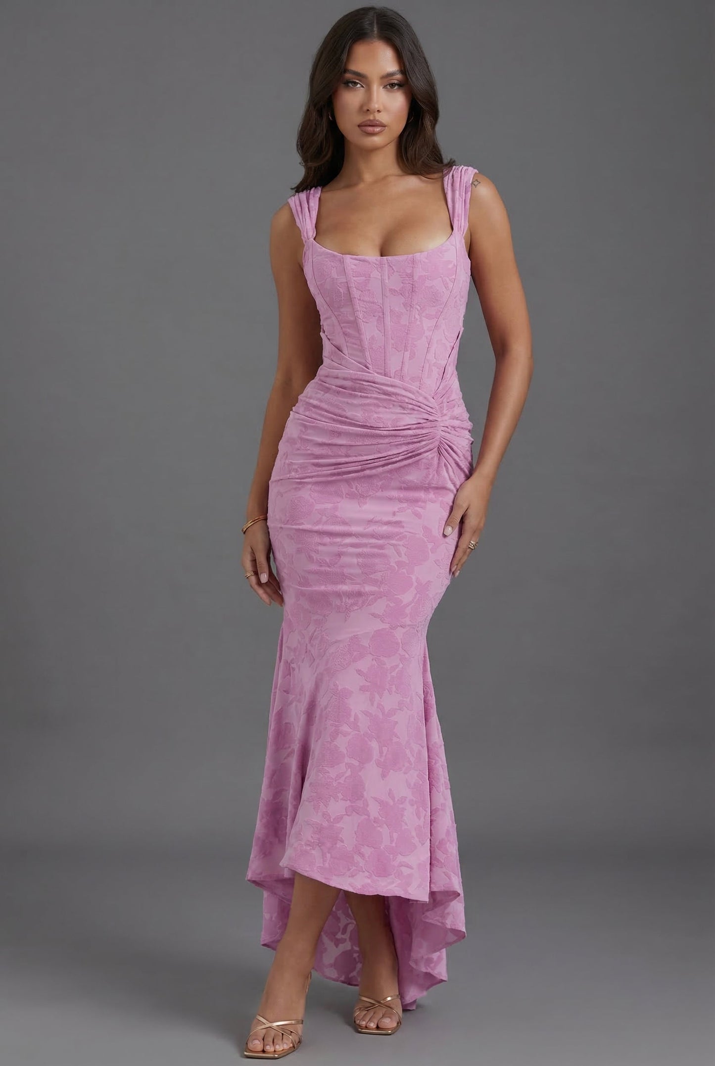 Floral Jacquard Fishtail Maxi Dress with Square Neck Corset