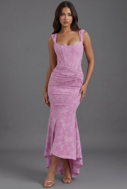 Floral Jacquard Fishtail Maxi Dress with Square Neck Corset