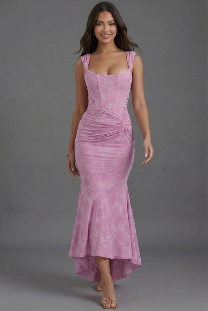 Floral Jacquard Fishtail Maxi Dress with Square Neck Corset