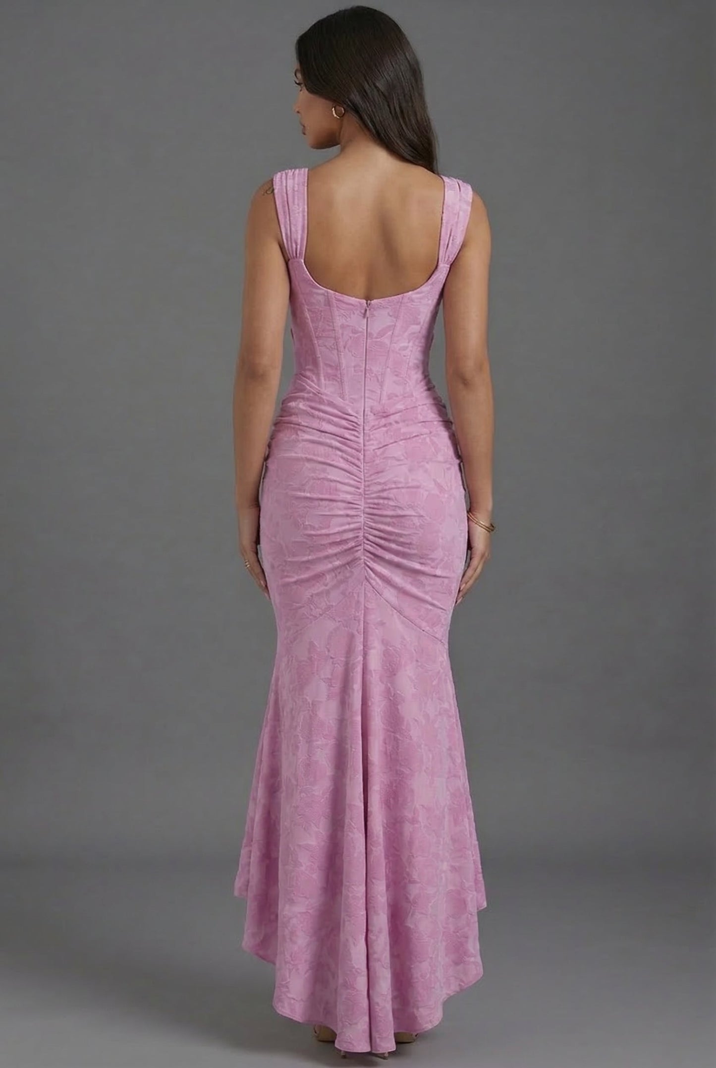 Floral Jacquard Fishtail Maxi Dress with Square Neck Corset