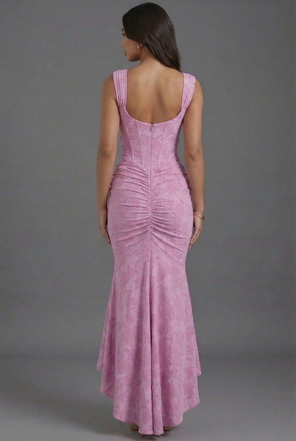 Floral Jacquard Fishtail Maxi Dress with Square Neck Corset
