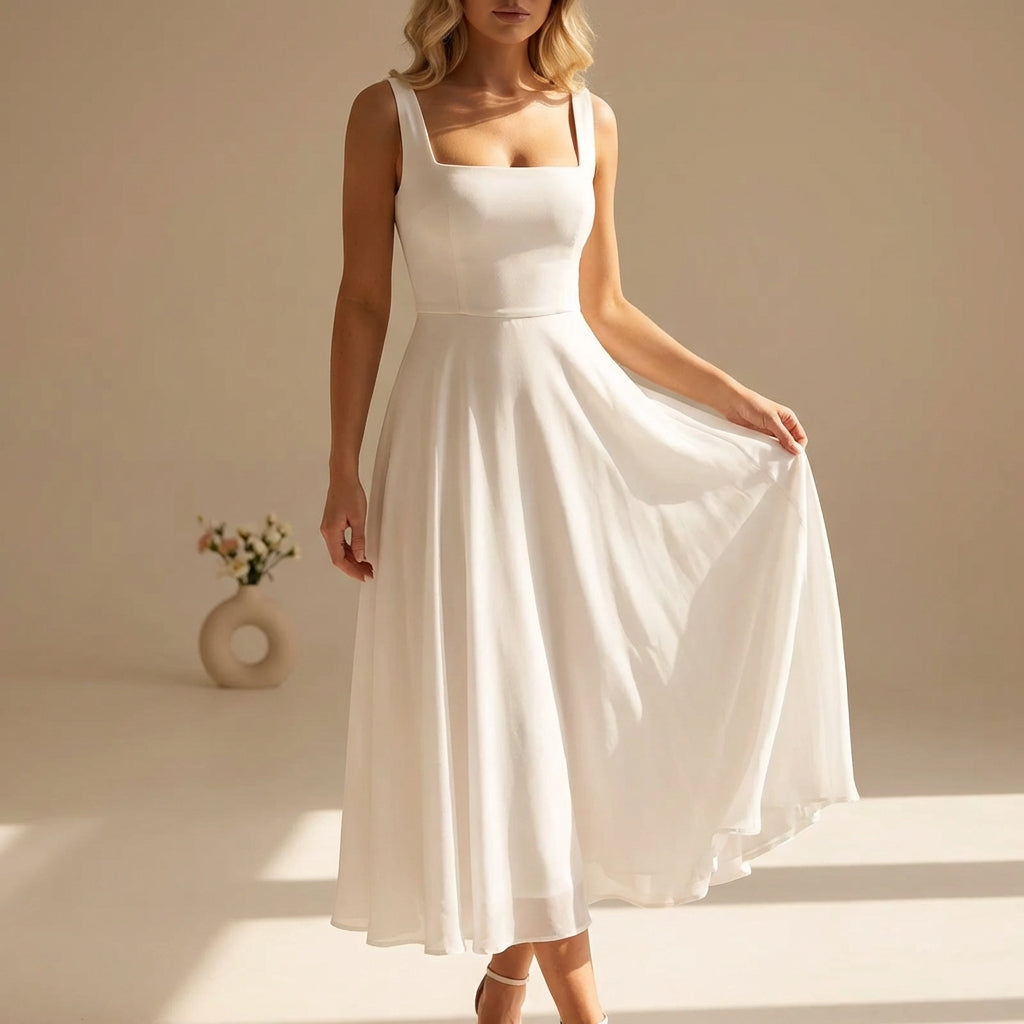 A-Line Chiffon Midi Dress with Square Neckline and Wide Straps — Sleeveless