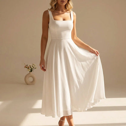 A-Line Chiffon Midi Dress with Square Neckline and Wide Straps — Sleeveless