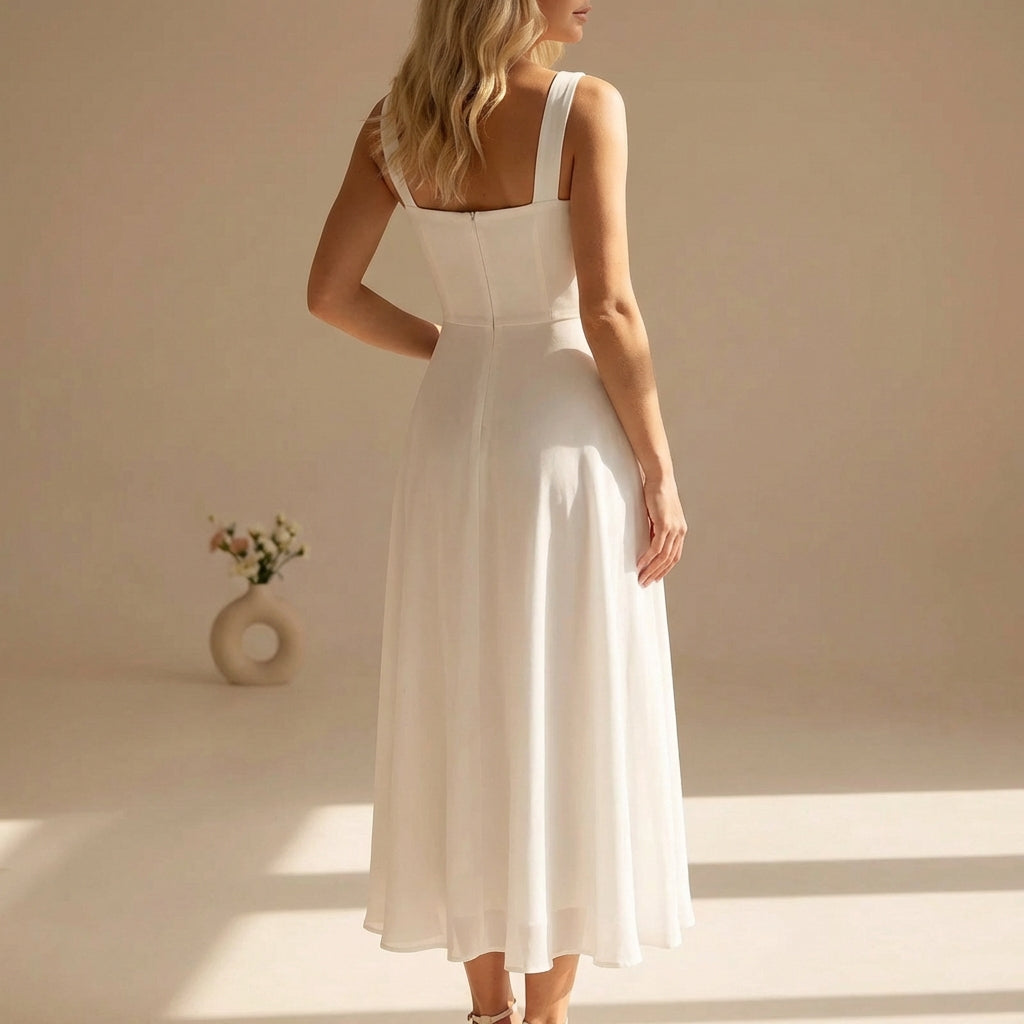A-Line Chiffon Midi Dress with Square Neckline and Wide Straps — Sleeveless