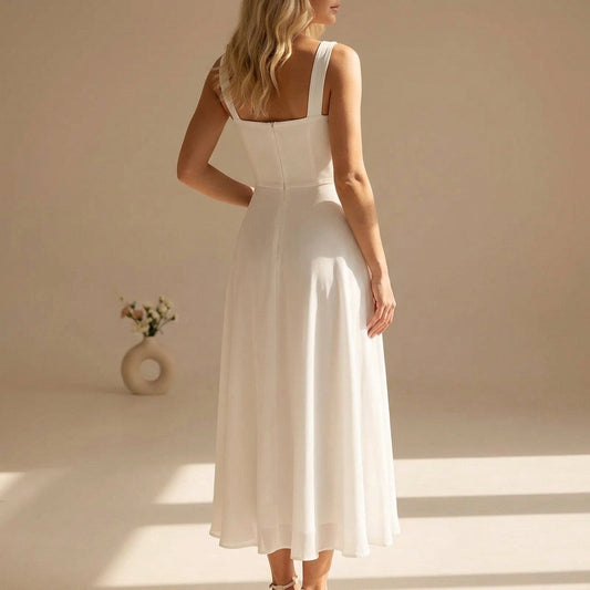 A-Line Chiffon Midi Dress with Square Neckline and Wide Straps — Sleeveless