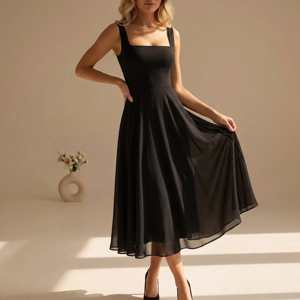 A-Line Chiffon Midi Dress with Square Neckline and Wide Straps — Sleeveless