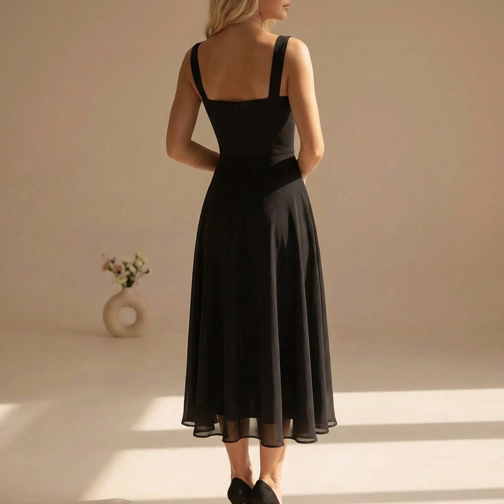 A-Line Chiffon Midi Dress with Square Neckline and Wide Straps — Sleeveless