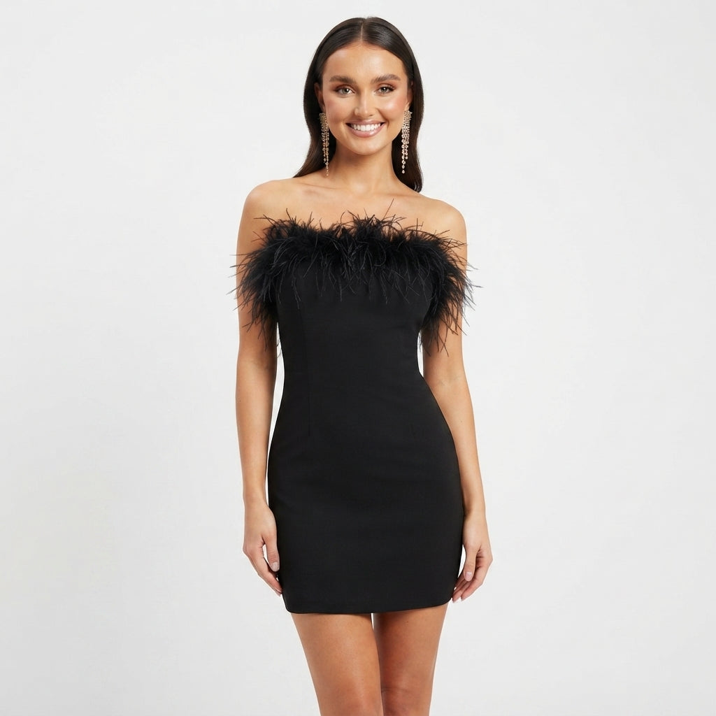 Feather Trim Cocktail Dress For Women