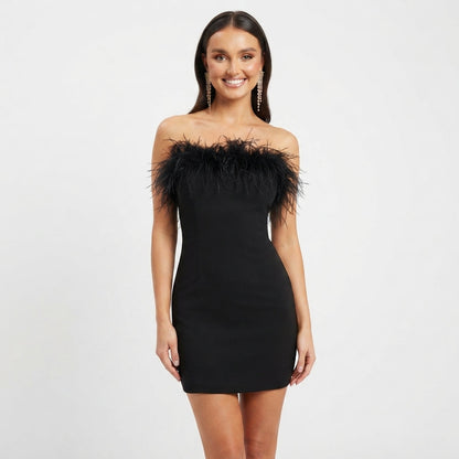 Feather Trim Cocktail Dress For Women
