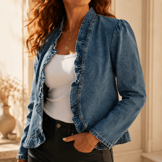Thessine | Ruffle Trim Puff Shoulder Denim Jacket