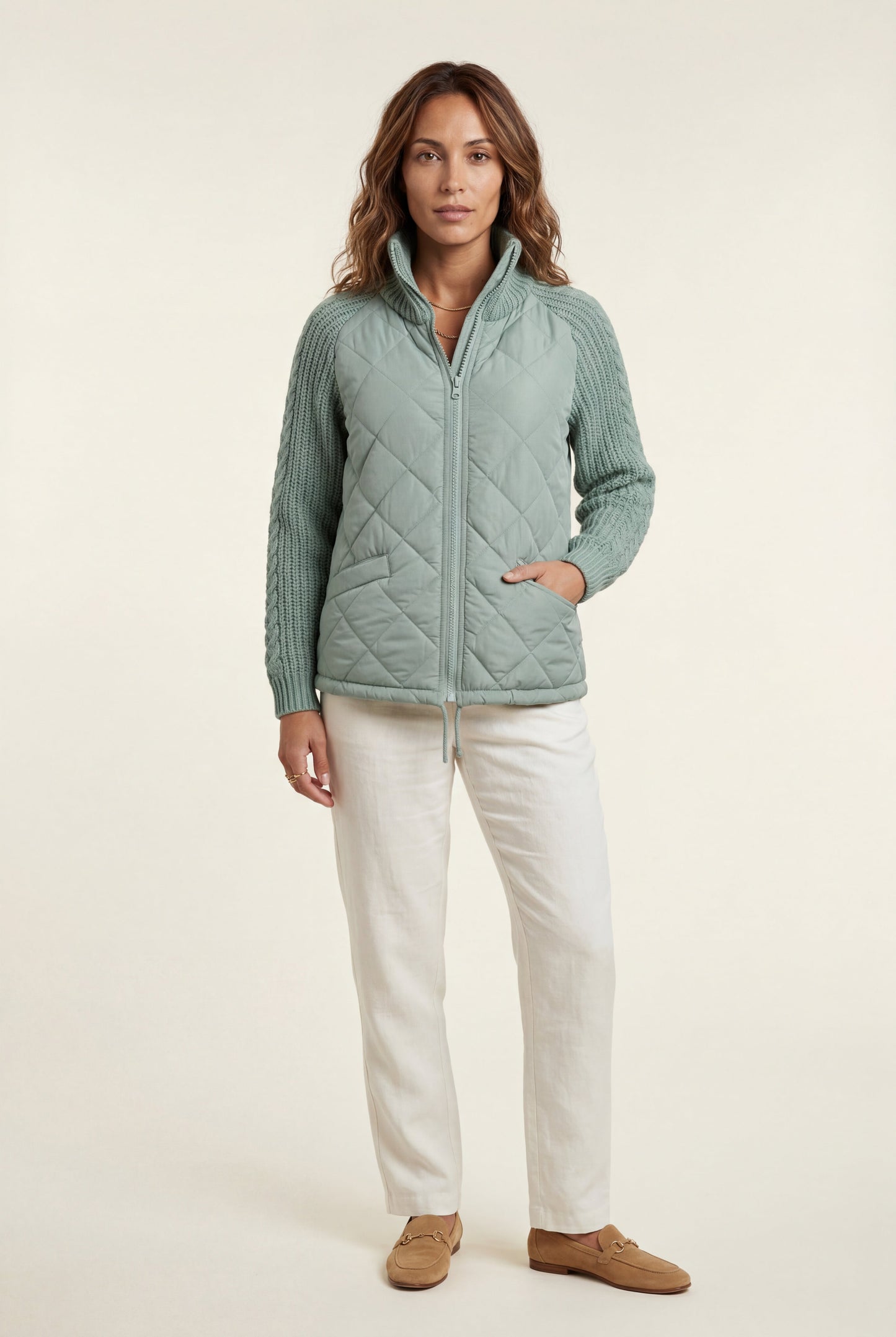 Harlow | Women's Diamond Quilted Hybrid Jacket, Knit Sleeves