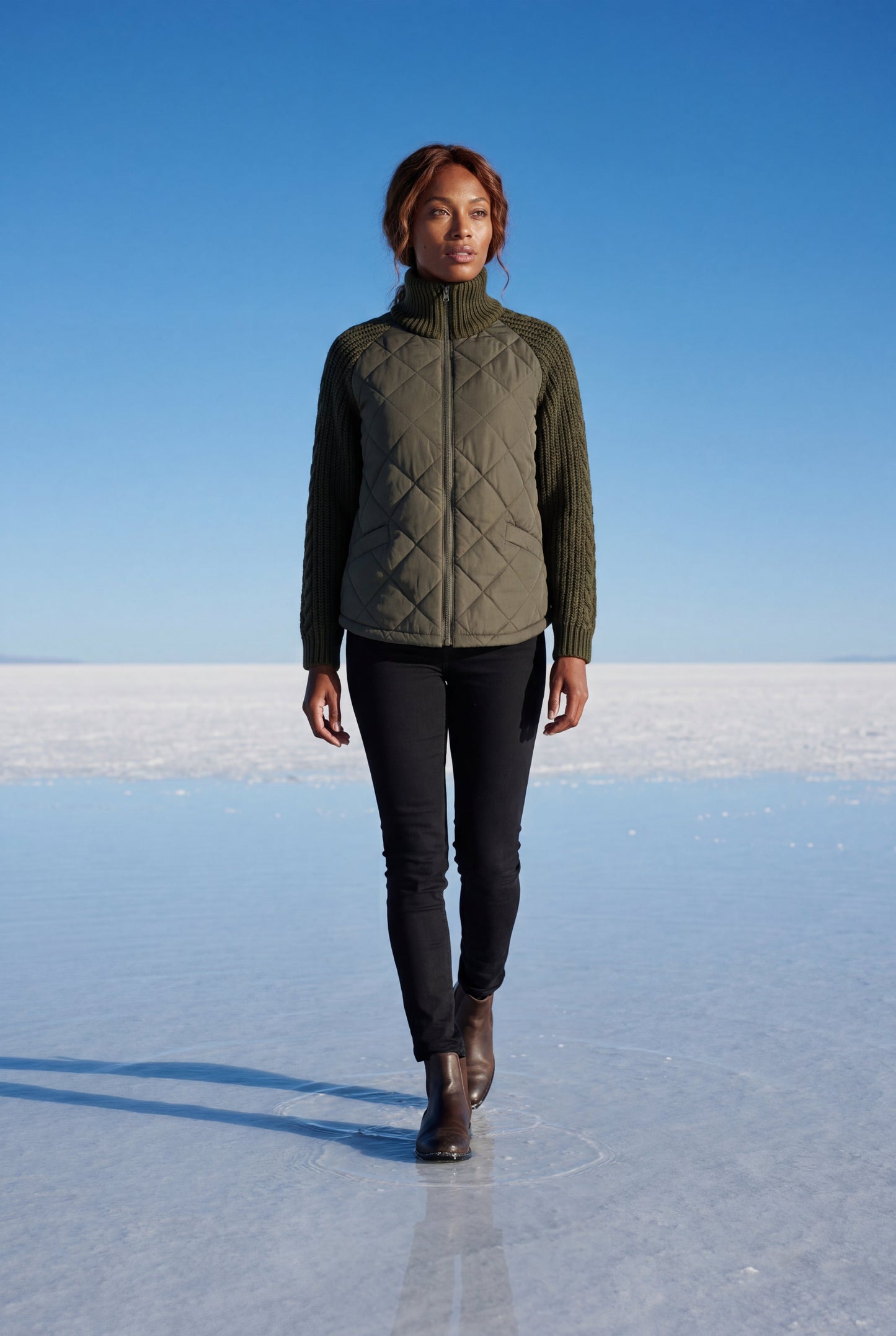 Harlow | Women's Diamond Quilted Hybrid Jacket, Knit Sleeves