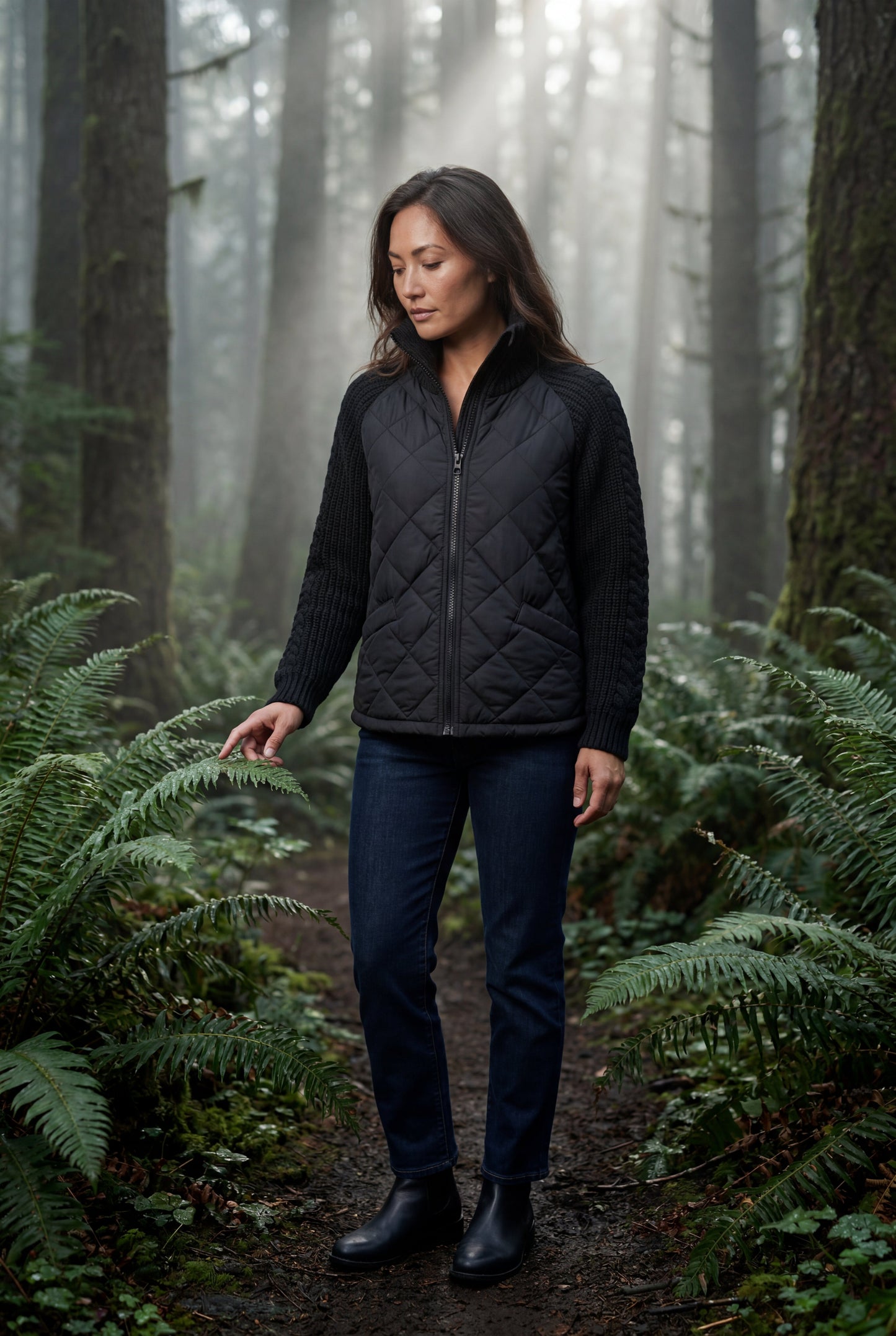 Harlow | Women's Diamond Quilted Hybrid Jacket, Knit Sleeves