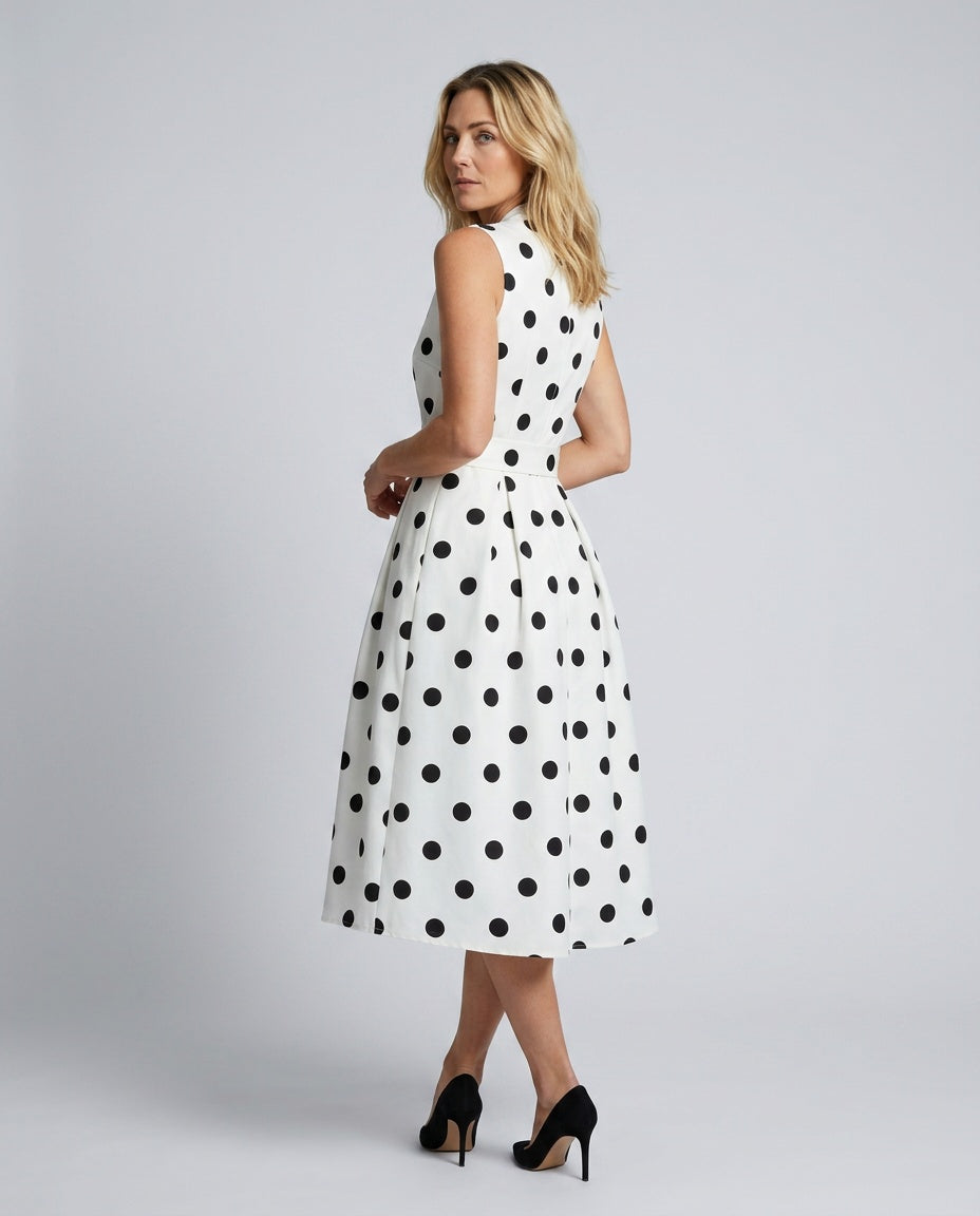 Vera | Sleeveless Polka Dot Belted Midi Dress