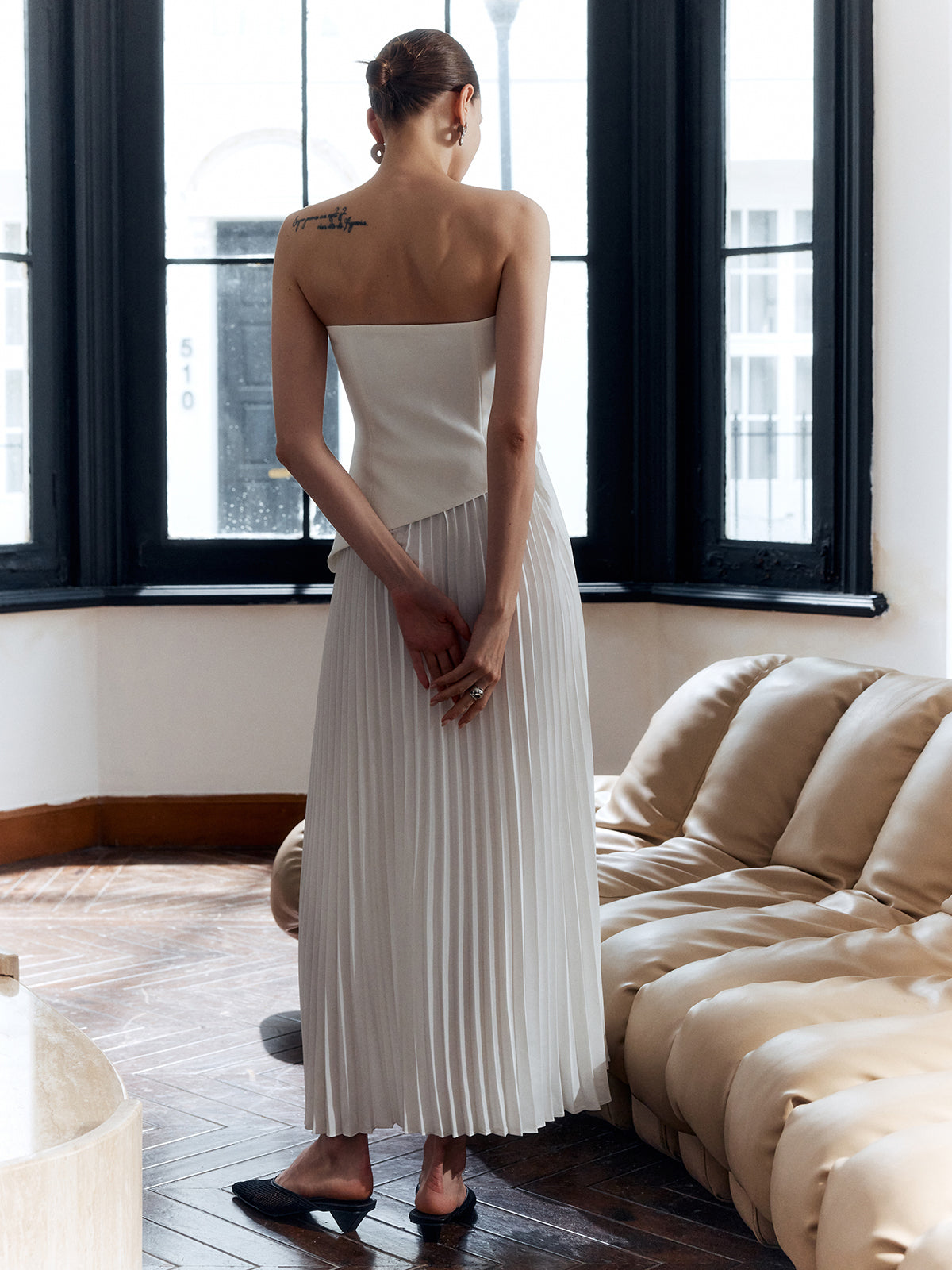 Sienna | Pleated Strapless High Split Maxi Dress