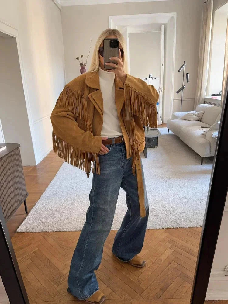 Lia | Women's Brown Suede Fringe Jacket