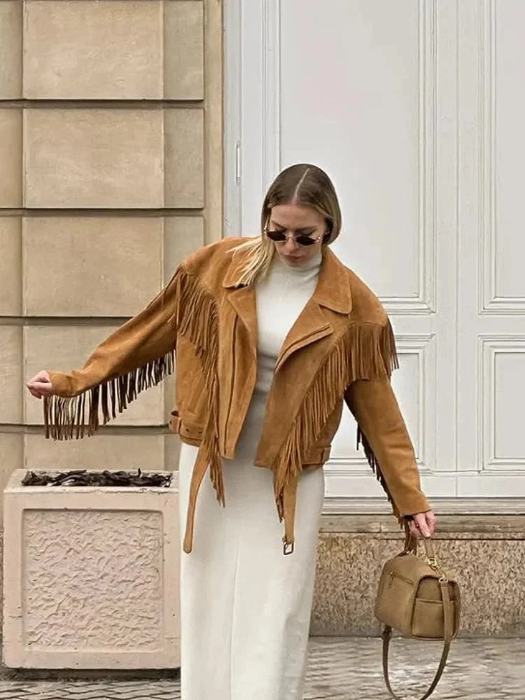 Lia | Women's Brown Suede Fringe Jacket