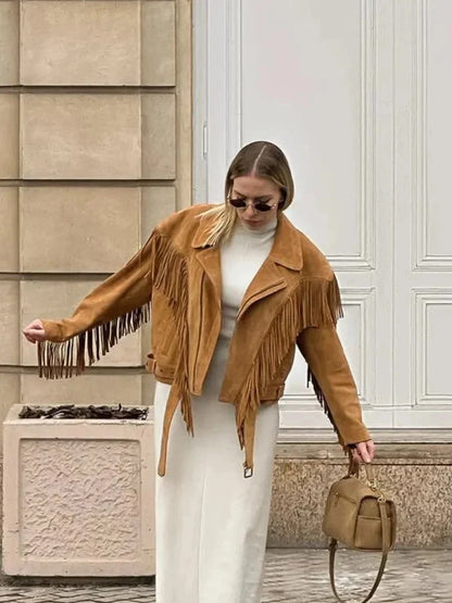 Lia | Women's Brown Suede Fringe Jacket