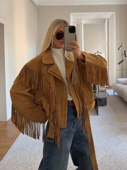 Lia | Women's Brown Suede Fringe Jacket