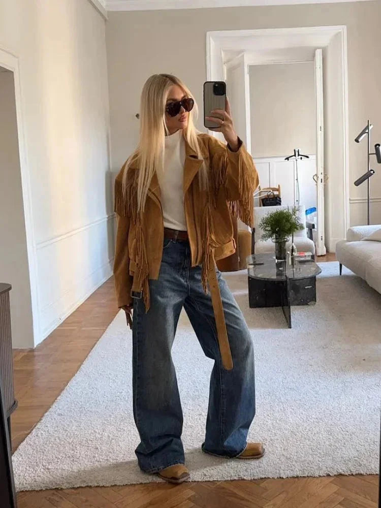 Lia | Women's Brown Suede Fringe Jacket