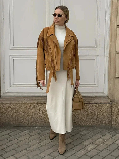 Lia | Women's Brown Suede Fringe Jacket