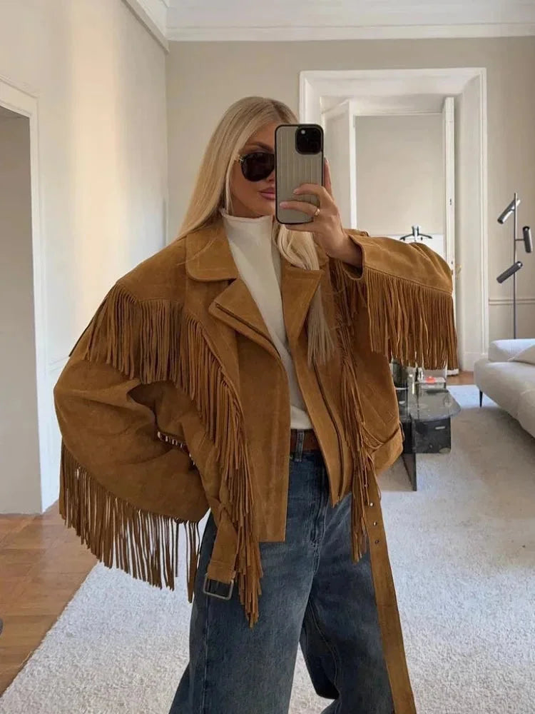 Lia | Women's Brown Suede Fringe Jacket