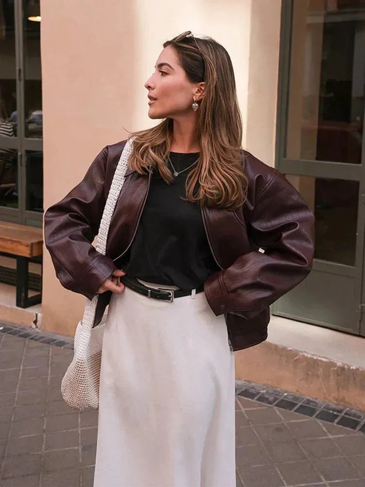 Ava | Women's Burgundy Faux Leather Vintage Jacket