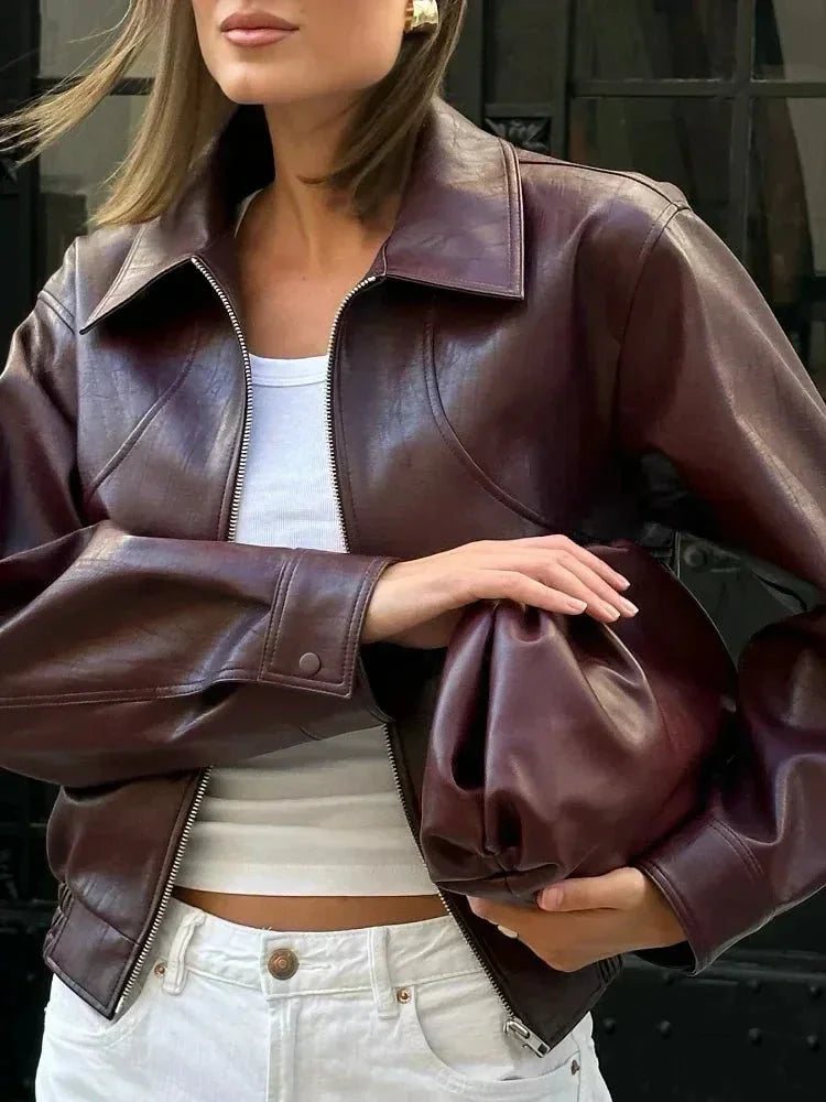 Ava | Women's Burgundy Faux Leather Vintage Jacket