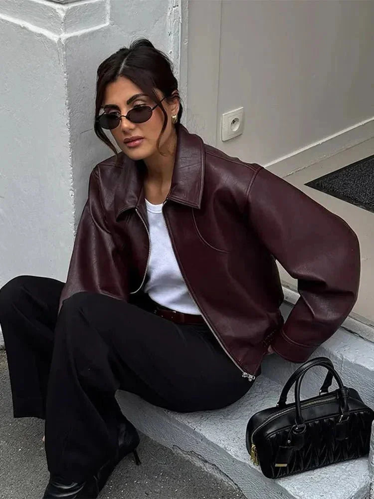 Ava | Women's Burgundy Faux Leather Vintage Jacket