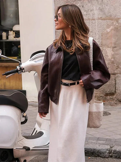 Ava | Women's Burgundy Faux Leather Vintage Jacket