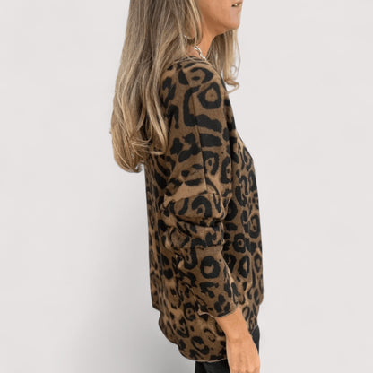 Jade | Leopard Print Longline Relaxed Long Sleeve Top