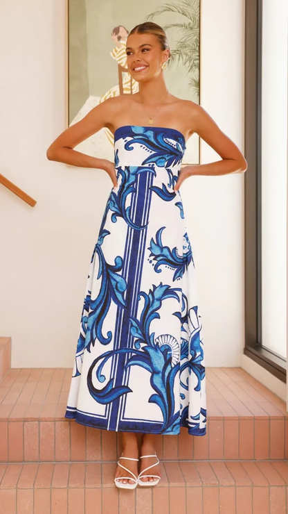 Elara | Bold Printed Strapless Flared Maxi Dress