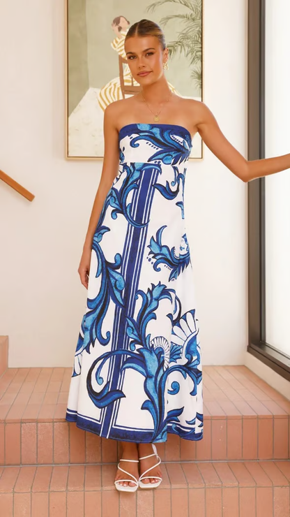 Elara | Bold Printed Strapless Flared Maxi Dress
