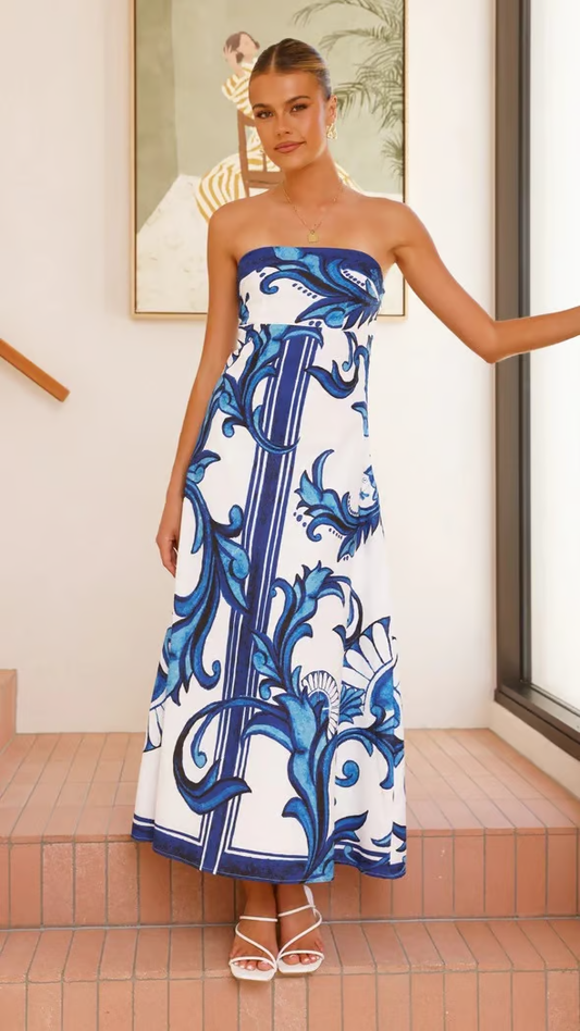 Elara | Bold Printed Strapless Flared Maxi Dress