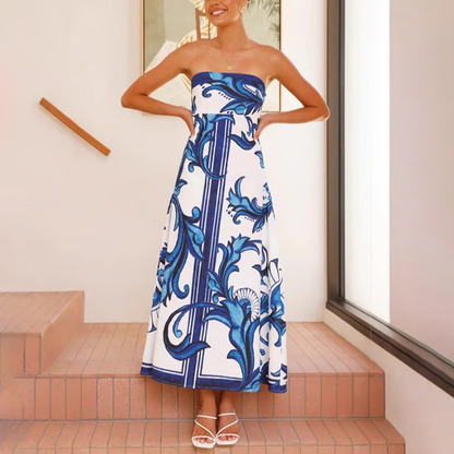 Elara | Bold Printed Strapless Flared Maxi Dress