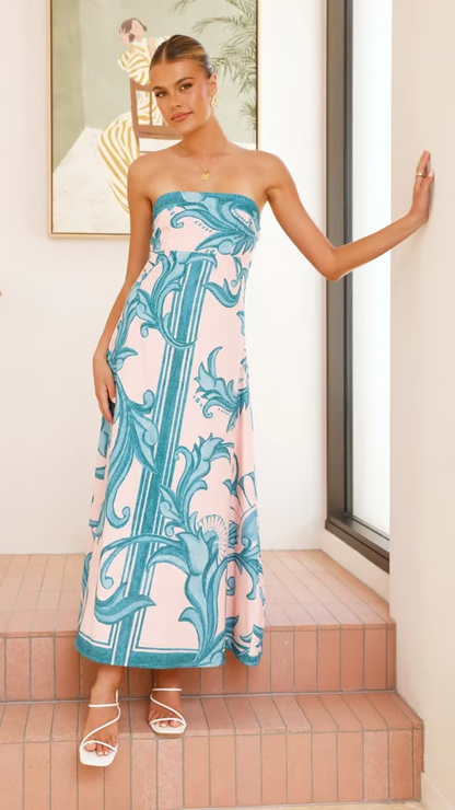 Elara | Bold Printed Strapless Flared Maxi Dress