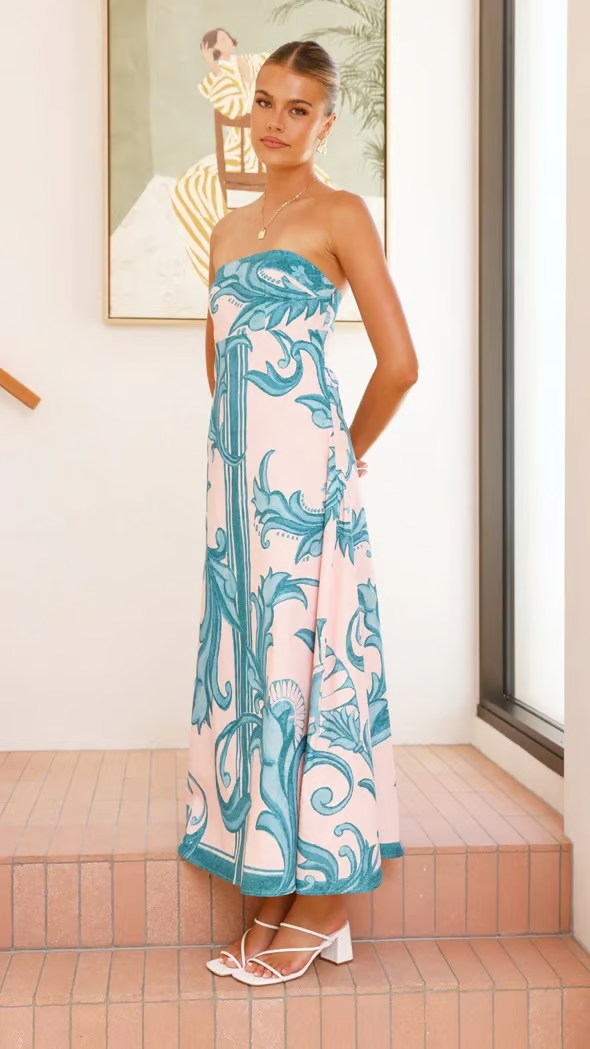 Elara | Bold Printed Strapless Flared Maxi Dress