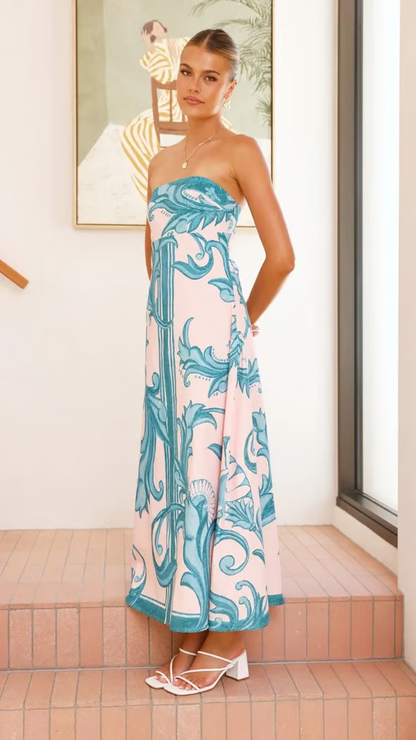 Elara | Bold Printed Strapless Flared Maxi Dress
