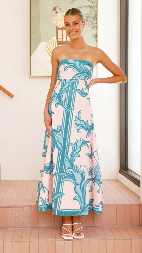 Elara | Bold Printed Strapless Flared Maxi Dress