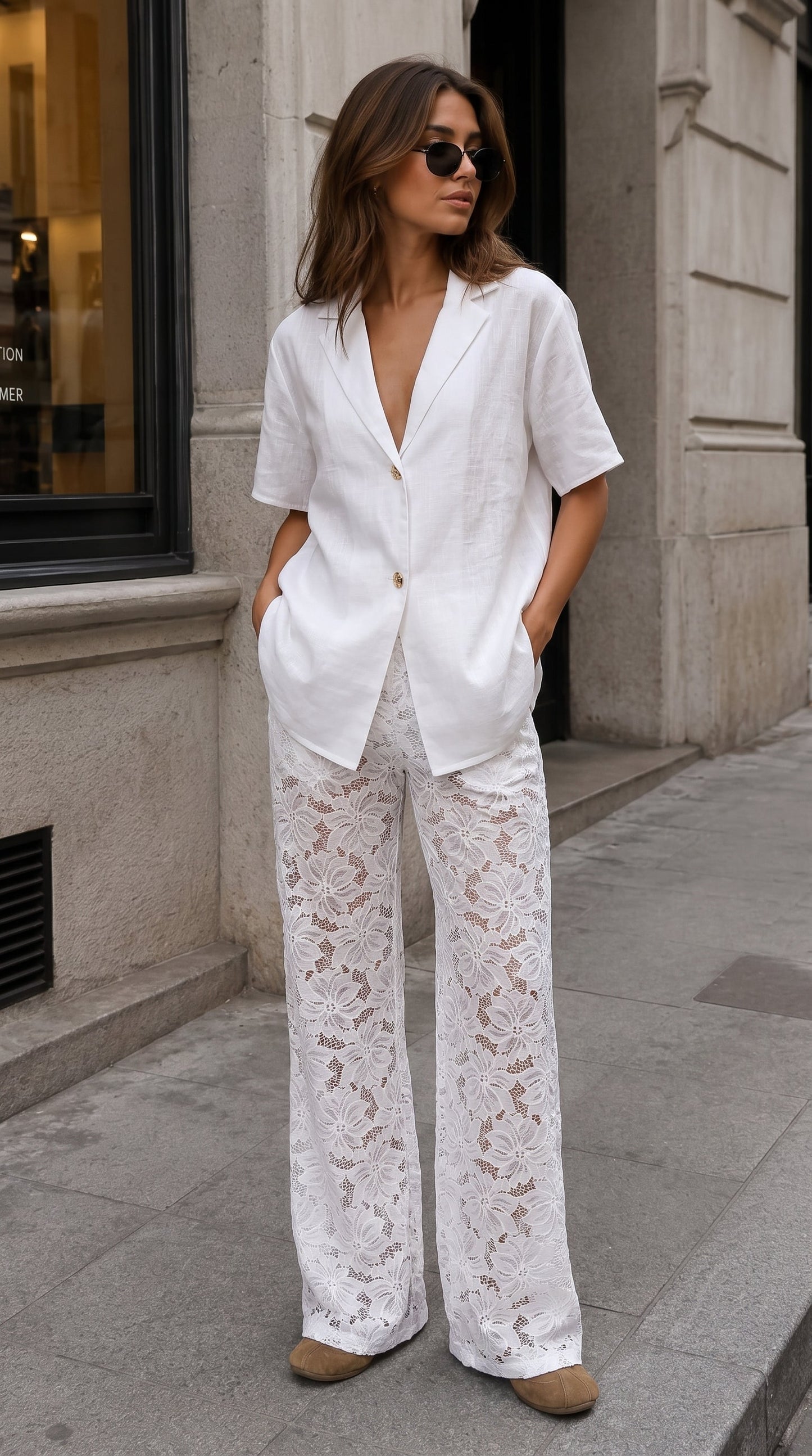 Quinn | Cotton V-Neck Set with Lace-Trim Pants