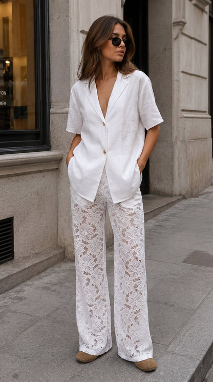 Quinn | Cotton V-Neck Set with Lace-Trim Pants