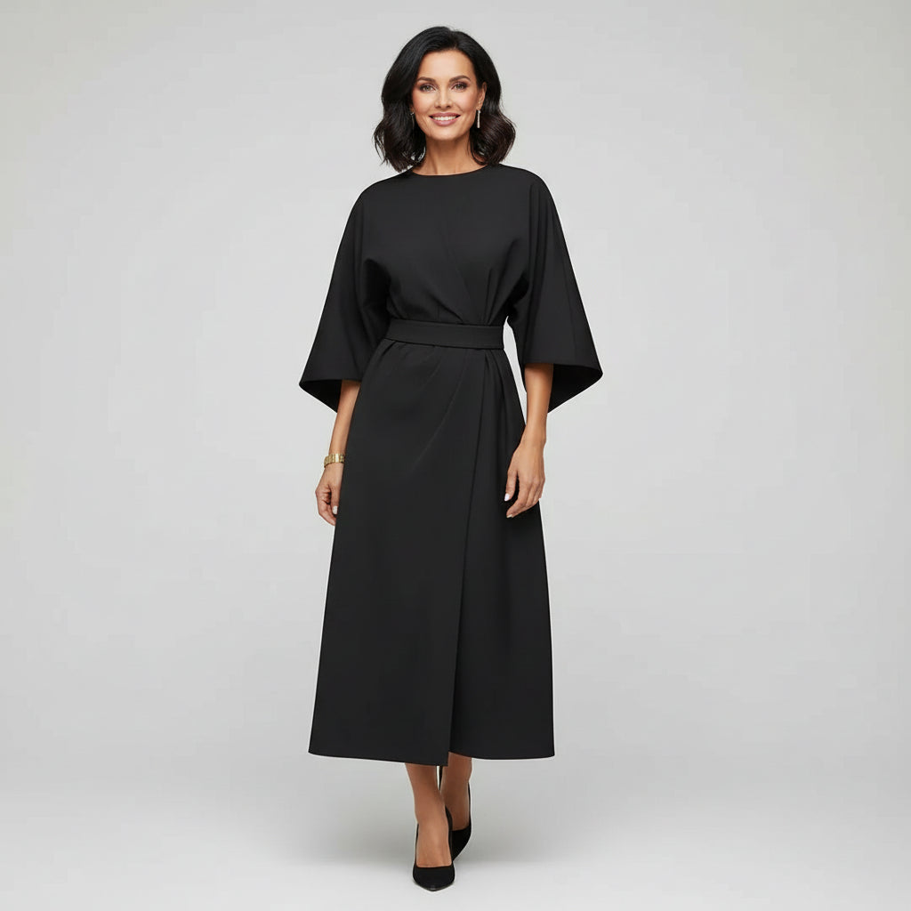 Belted Round Neck Midi Dress with Wide Sleeves — Everyday Elegance
