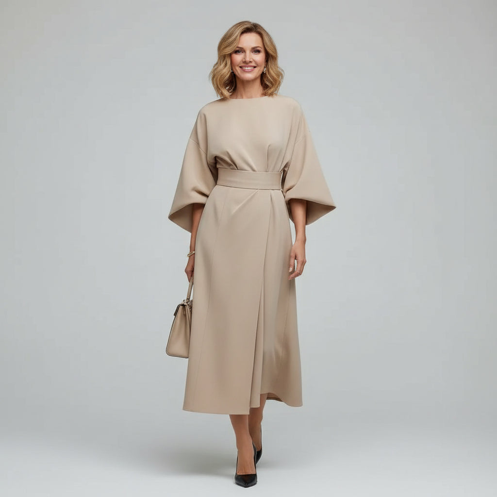Belted Round Neck Midi Dress with Wide Sleeves — Everyday Elegance