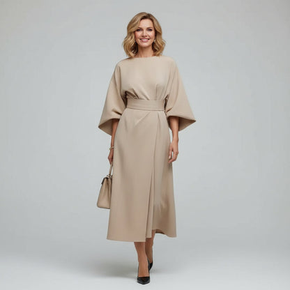 Belted Round Neck Midi Dress with Wide Sleeves — Everyday Elegance